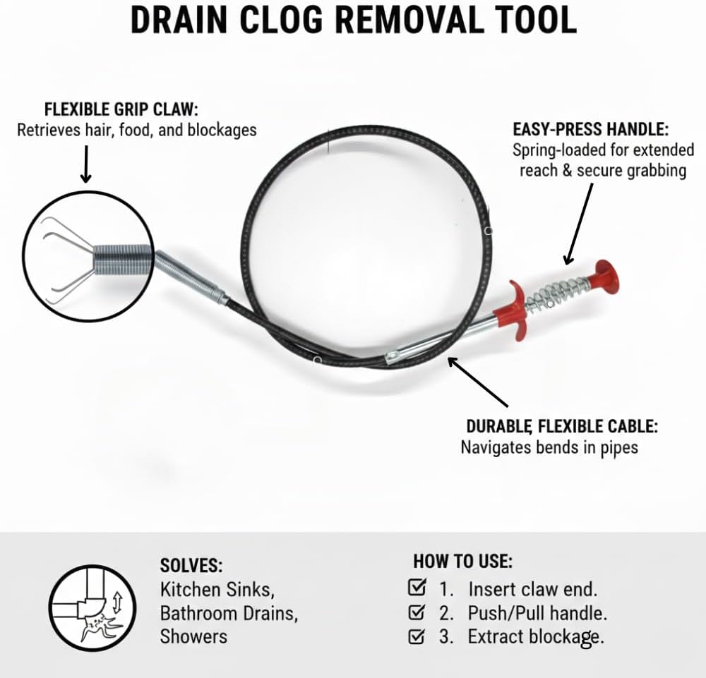 Drain Snake & Pickup Tool, 4-Claw Grabber for Cleaning