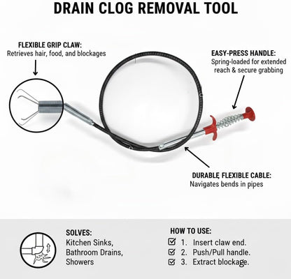 Drain Snake & Pickup Tool, 4-Claw Grabber for Cleaning