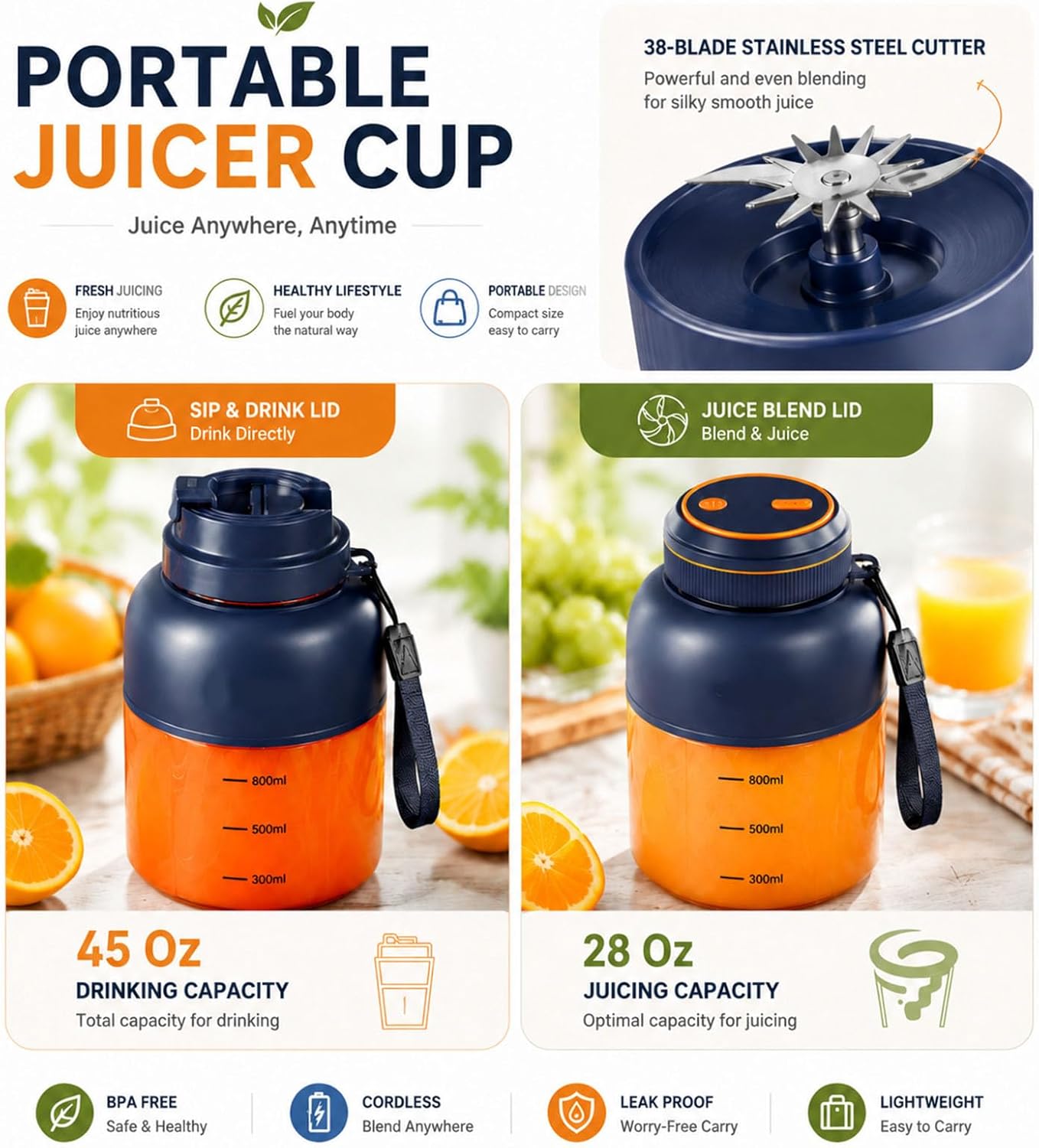Rechargeable Portable Blender Cordless with 38 Blades