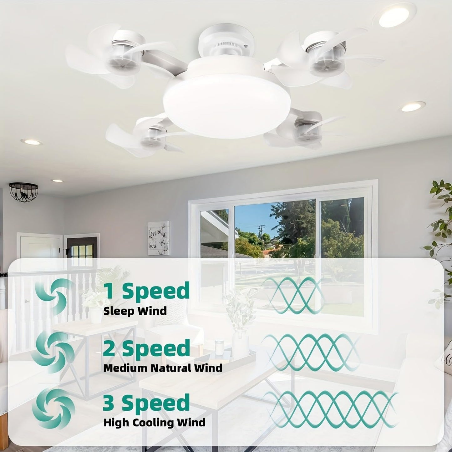 Socket Fan Light with Remote Control, E27 Screw-in, 3 Color Temperatures, 3 Wind Speeds, 4 Head