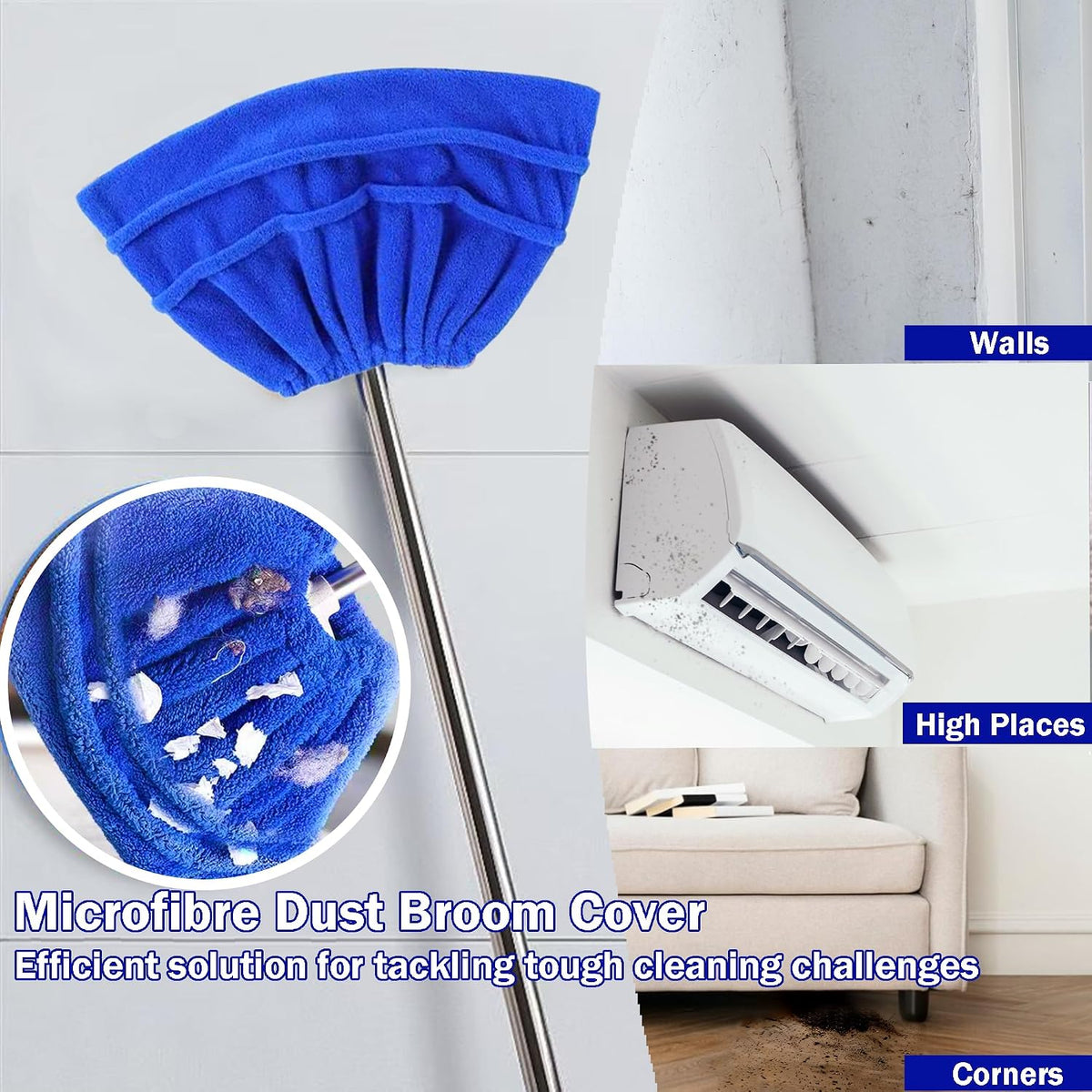 2 Pack Broom Cloth Covers Wet or Dry Cleaning Mops (Blue)