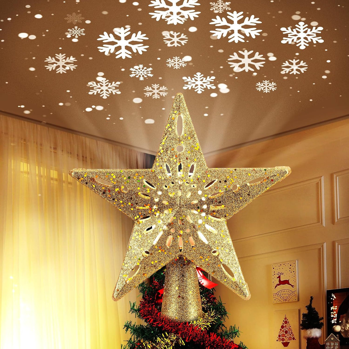 Christmas Star Tree Topper with Snowflake Projector Xmas