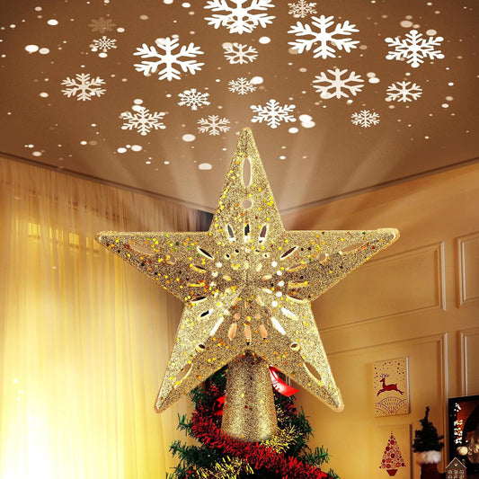 Christmas Star Tree Topper with Snowflake Projector Xmas