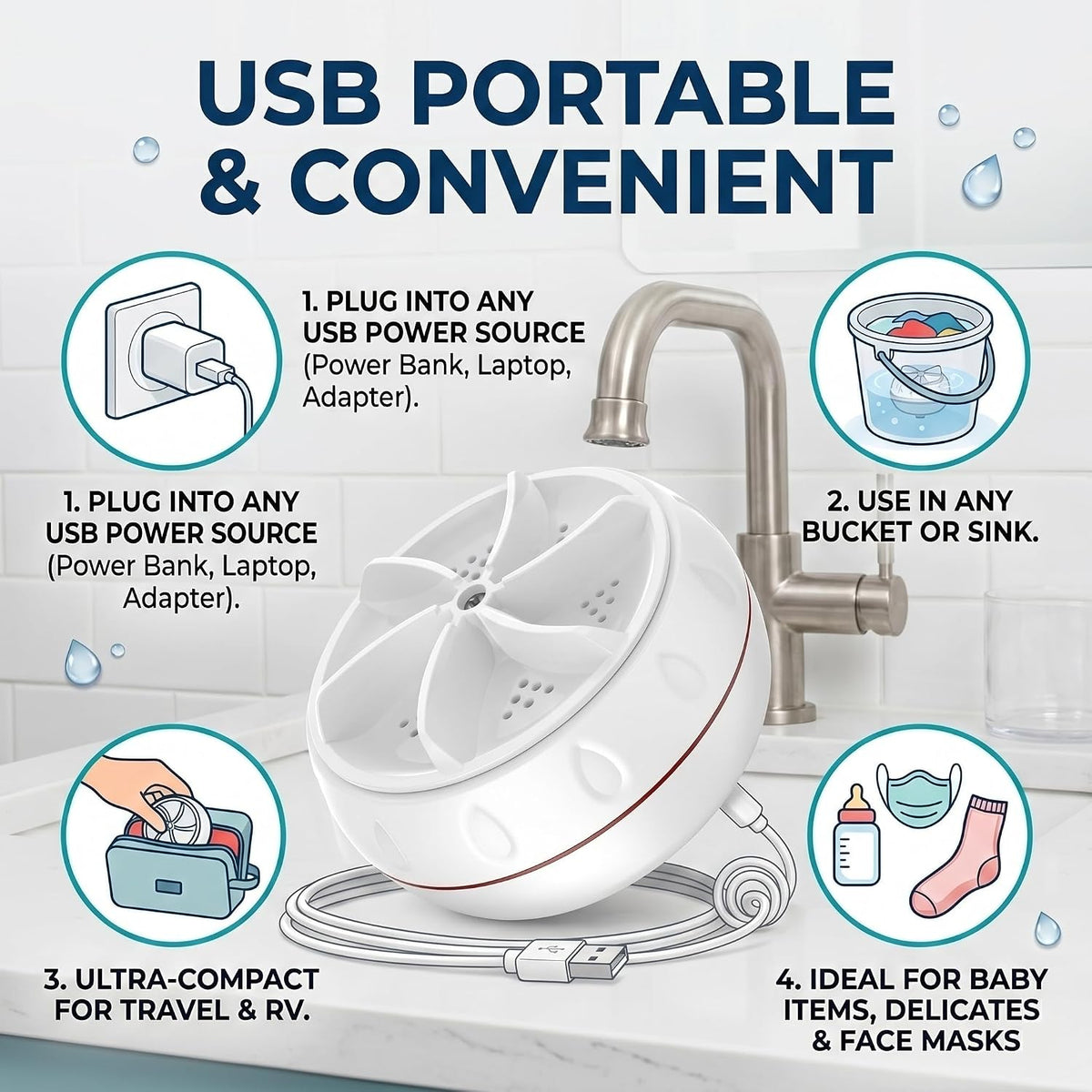 Ultrasonic Turbo Portable Washer with USB Charging
