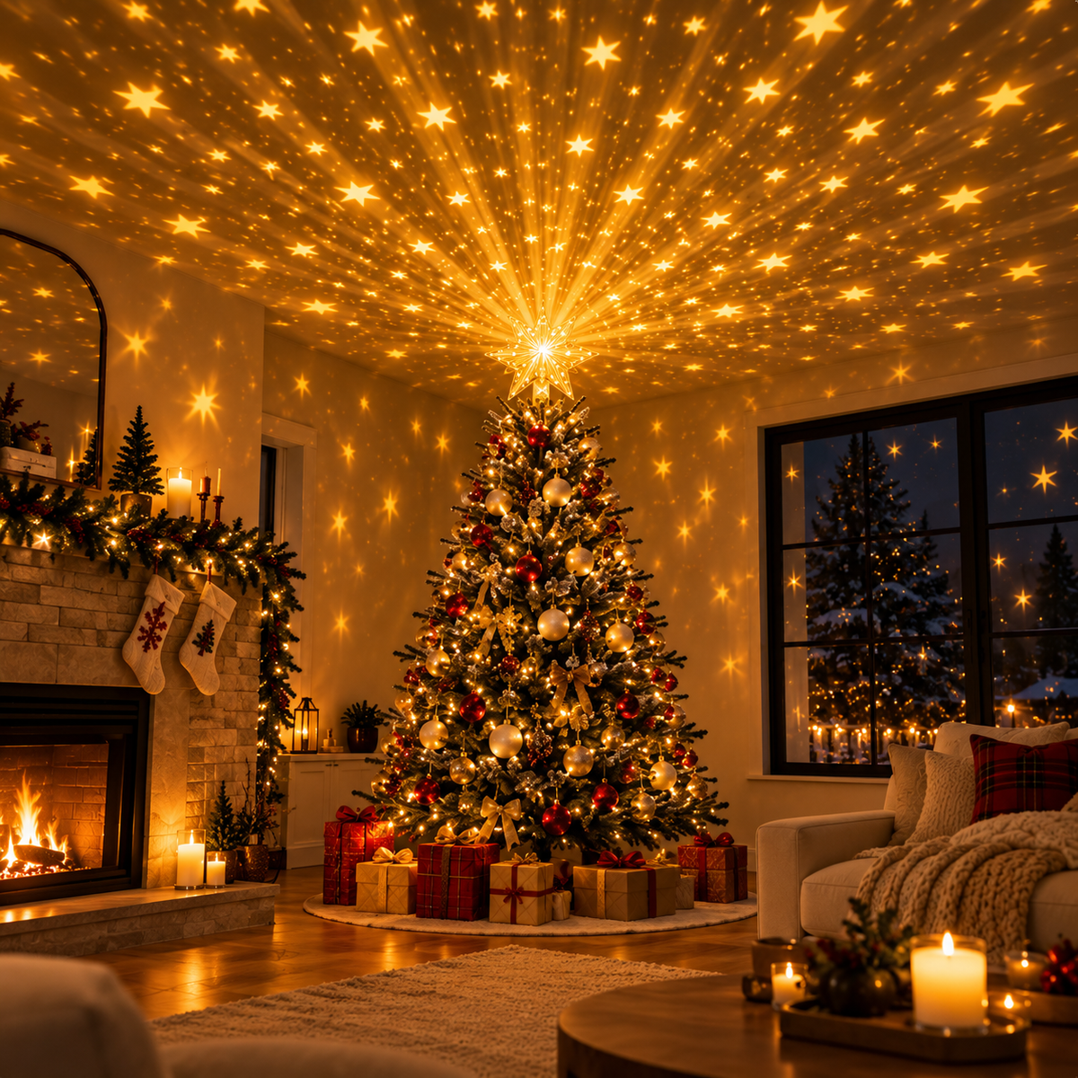 Christmas Star Tree Topper with Snowflake Projector Xmas
